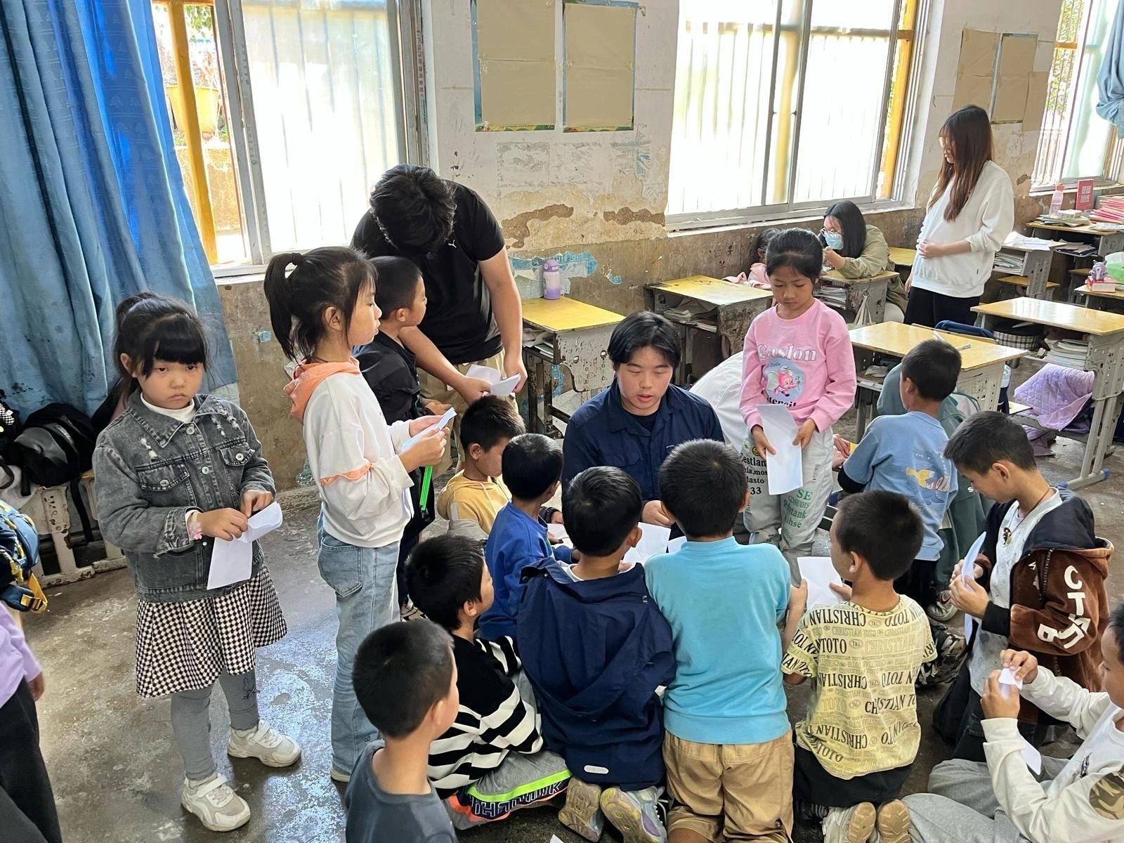 Students participating in an educational art activity in a classroom