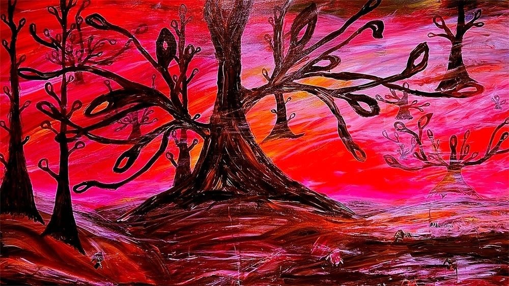 Surreal expressionist painting — twisted trees against vivid sky