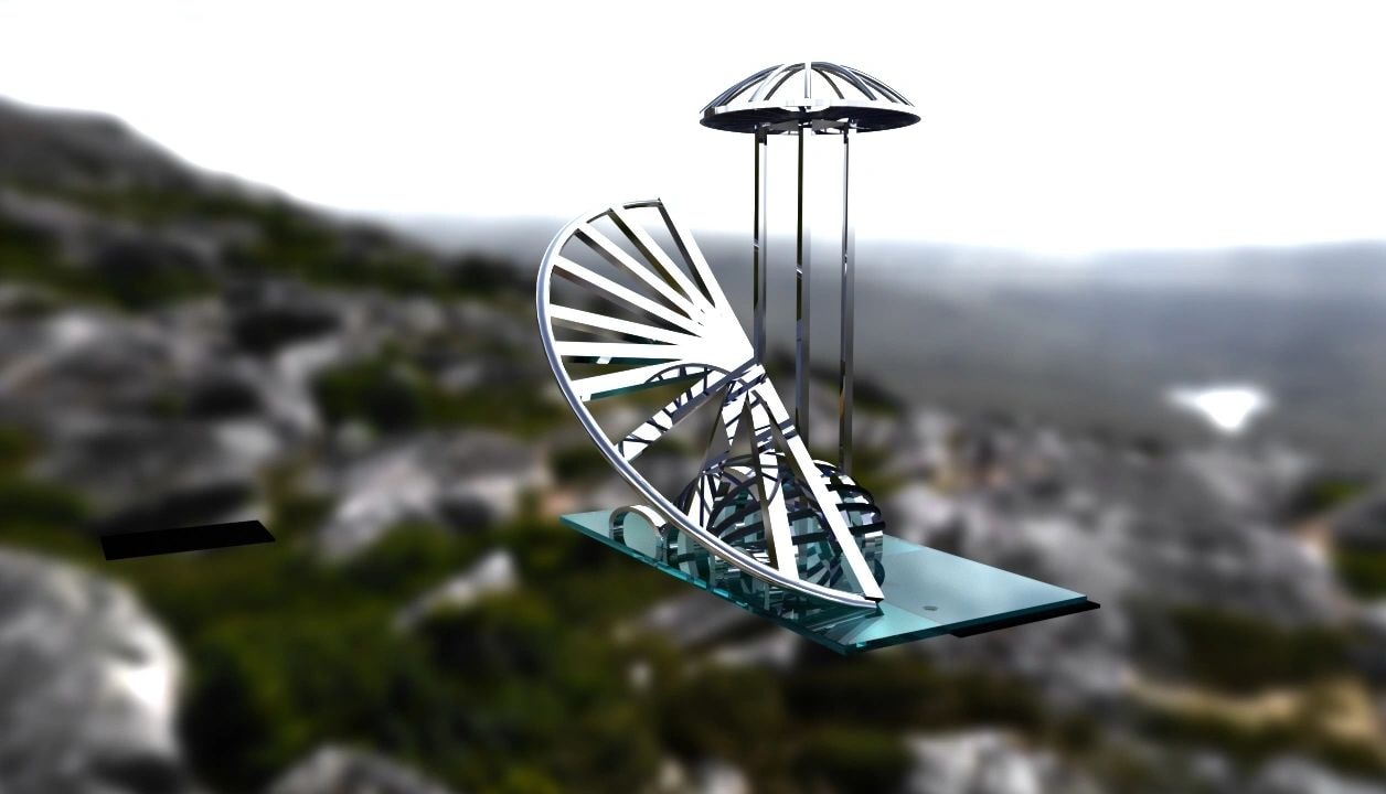 Futuristic sculptural airport installation with mountain backdrop