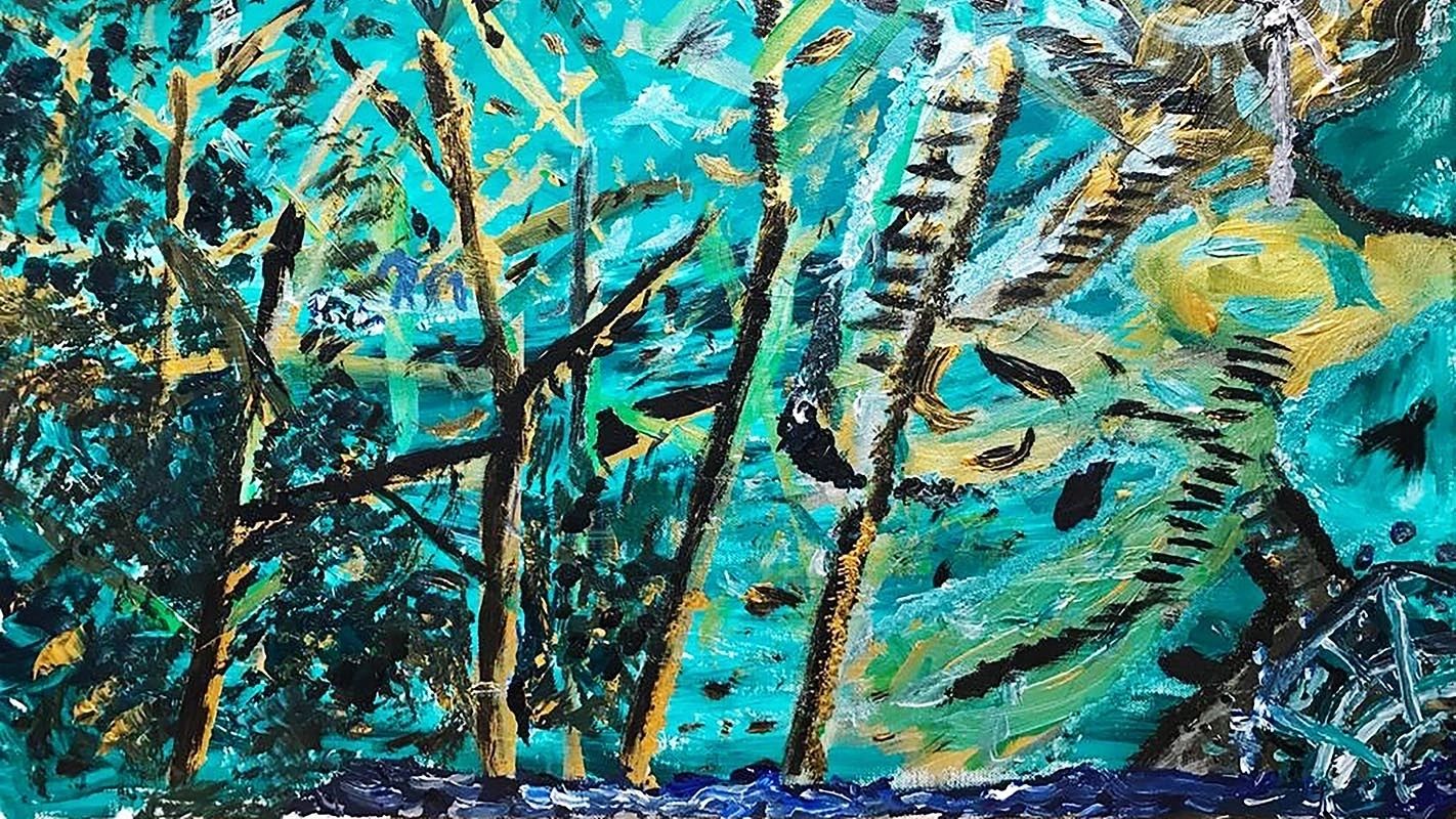 Abstract expressionist painting — underwater forest in teal and gold