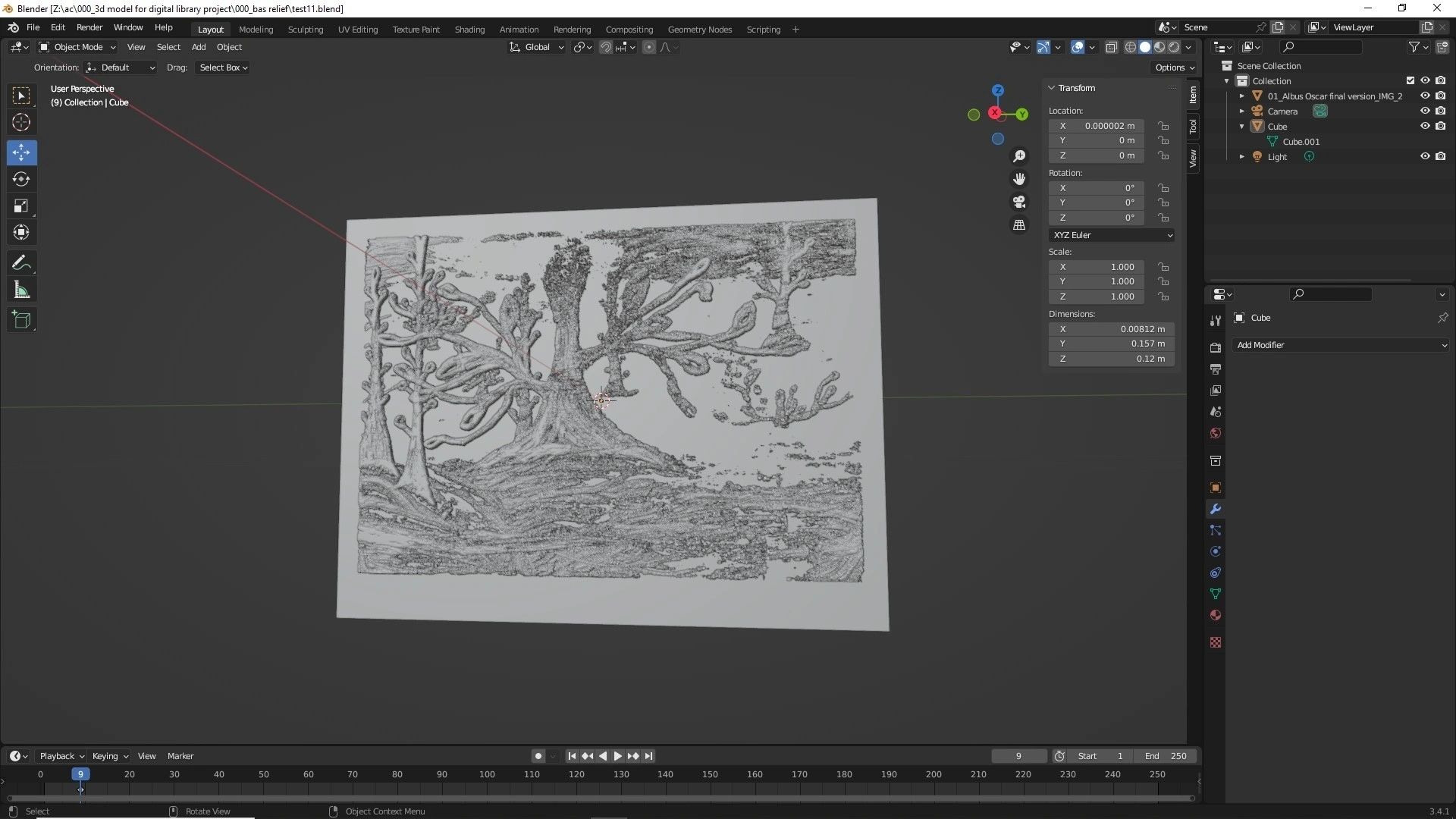 Blender 3D software showing bas-relief model for digital library
