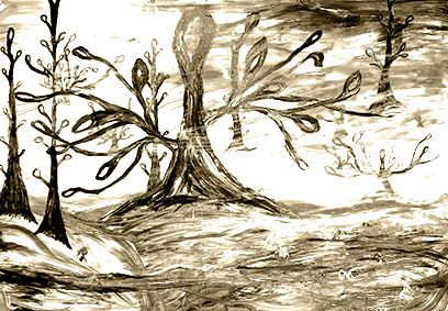 Monochromatic sketch of barren landscape with gnarled trees